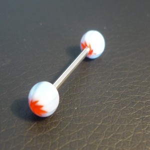 Piercing langue orange, blanc et bleu motif : feuille