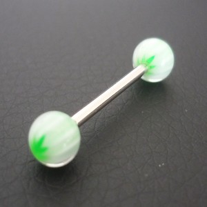 Piercing langue vert, blanc motif feuille